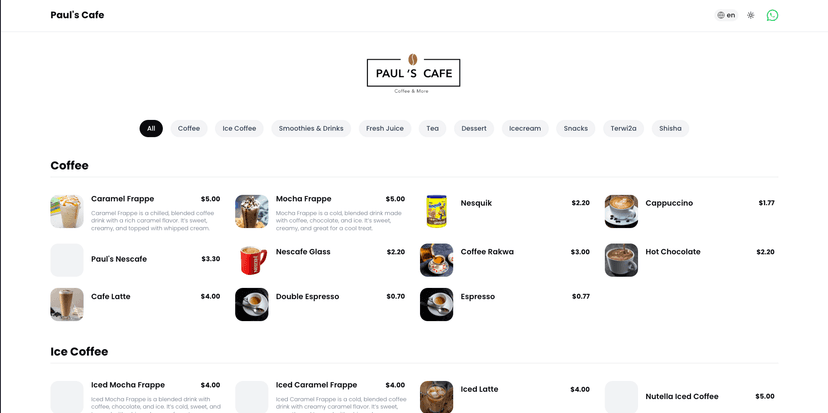 Pauls Cafe Menu